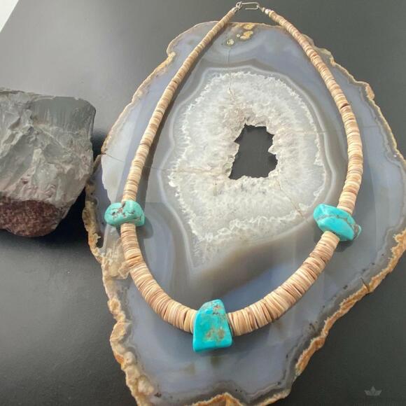 Vintage Native American Heishi Sea Shell Disk and Chunky Turquoise Necklace - Picture 5 of 11